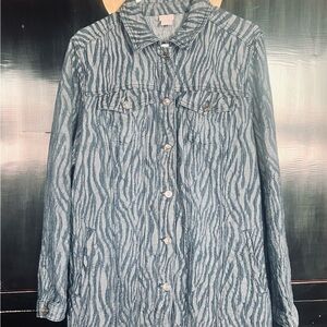 Chico's Blue Zebra Print Elongated Blue Jean Jacket